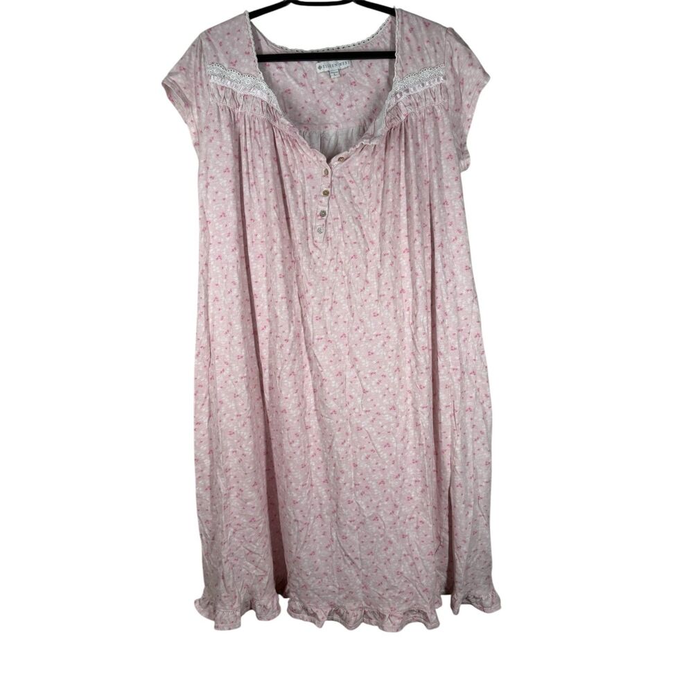 Eileen West Pink Floral Nightgown Sz L Cottagecore Cotton Lace Trim Sleepwear